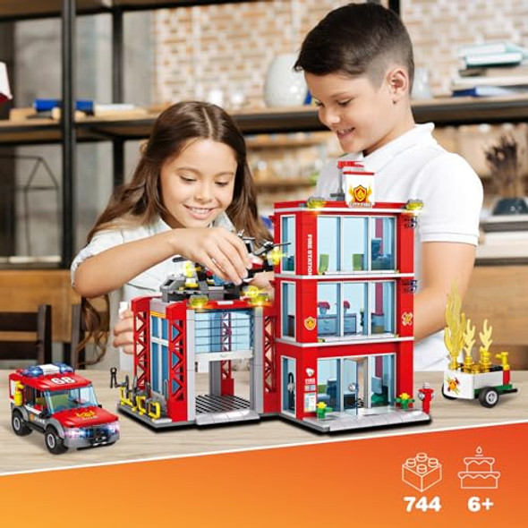 Wishalife City Fire Station Building Blocks Set, Fire Truck, Helicopter, Drone, Rescue Gear, Fire Command Center Playset, Firefighters Roleplay Toy S For Kids Boys Girls Ages 6+ (744 Pieces)