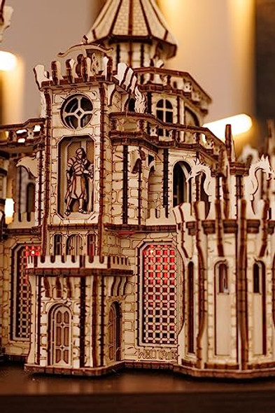 Wood Trick Dragon Castle Movable Wooden 3D Puzzles For Adults To Build - Red Led - Greensleeves Melody - Towers Rotating - Engineering Diy Project Mechanical Model Kits For Adults