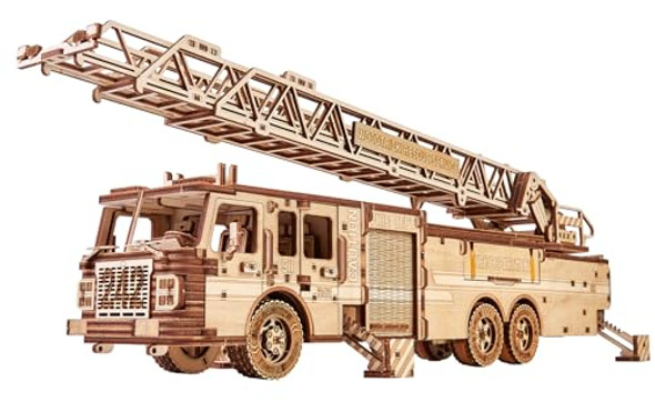 Wood Trick Rescue Firetruck Movable - Rotating Extendable Ladder - 3D Wooden Puzzles For Adults To Build - Rides Up To 20 Ft - Wooden Models Engineering Diy Project Mechanical Model Kit