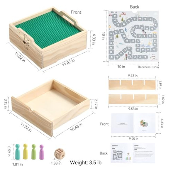 Wooden Teether 3-In-1 Wooden Building Block Toy Storage Box,Buildable Cubby Storage With Lego Baseplate, Board Game Sets And Adjustable Compartments,Ideal For Kids Aged 4 And Up