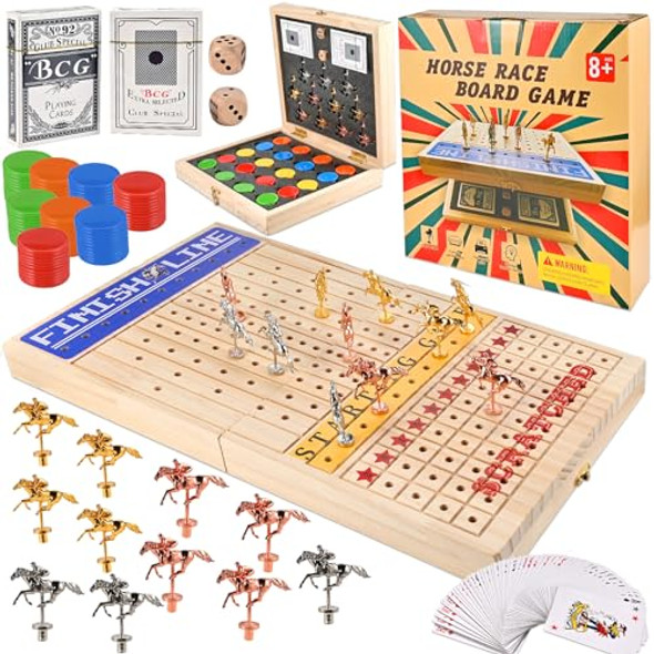 Wooderma 21 Inches Horse Racing Game, Horse Race Board Game With 11 Metal Horses, Wood Folding Board Game With 120Pcs Chips, 2 Dice And 2 Decks Of Cards,For Friends Adults Family Party Game Night