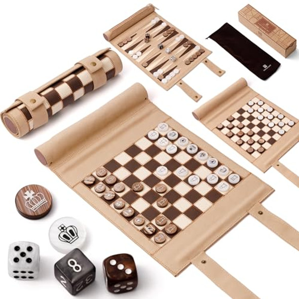 Woodronic 3 In 1 Chess Checkers Backgammon Set, Roll-Up Travel Chess Board Game, Microfiber Leather Checkers Game Set For Adult, Portable Travel Backgammon Game Set With 32 Wooden Pieces And 5 Dices
