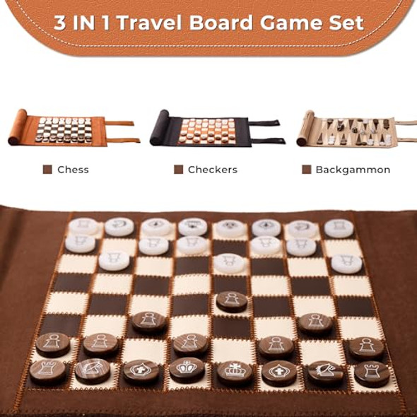 Woodronic 3 In 1 Chess Checkers Backgammon Set, Roll-Up Travel Chess Board Game, Microfiber Leather Checkers Game Set For Adult, Portable Travel Backgammon Game Set With 32 Wooden Pieces And 5 Dices