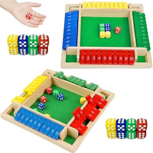 Yunchy 2 Pack Shut The Box Game, 2-4 Play Wooden Dice Math Games For Adults And Kids, Shut The Box Board With 8 Dices For Classroom, Home, Party, Pub