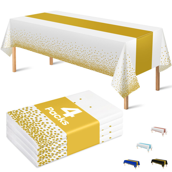OHOME 4 Pack Disposable Plastic Table Cloths for Parties,White and Gold Rectangle Table Covers for Fall Decor Wedding Bridal Shower Birthday  Baptism Friendsgiving Thanksgiving Decorations 54" x 108" OHOME 4 Pack Disposable Plastic Table Cloths for Parties,White and Gold Rectangle Table Covers for Fall Decor Wedding Bridal Shower Birthday  Baptism Friendsgiving Thanksgiving Decorations 54" x 108"