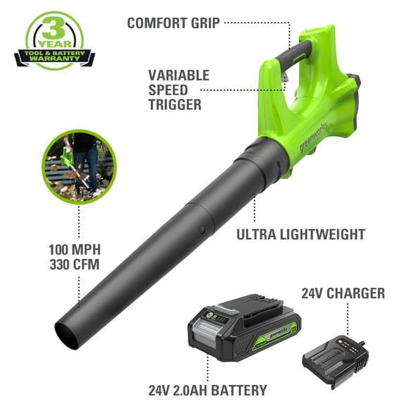 Greenworks 24V Axial Leaf Blower (100 MPH / 330 CFM), 2Ah Battery and Charger Included Greenworks 24V Axial Leaf Blower (100 MPH / 330 CFM), 2Ah Battery and Charger Included