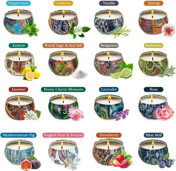 Set of 16 Small Scented Candles Soy Wax Aromatherapy Candles 2.5 OZ Portable Tin Candles with Lid, Relaxation Gifts Basket for Mother, Women, Friends and Coworkers Set of 16 Small Scented Candles Soy Wax Aromatherapy Candles 2.5 OZ Portable Tin Candles with Lid, Relaxation Gifts Basket for Mother, Women, Friends and Coworkers