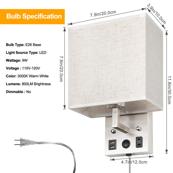 Caduke Bedside Wall Lamp Set Of 2 Plug In Wall Light With Usb Charging Ports And Ac Outlet Socket Brushed Nickel Modern Wall Sconces With Plug In Cord For Bedroom Living Room E26 Led Bulb Included Caduke Bedside Wall Lamp Set Of 2 Plug In Wall Light With Usb Charging Ports And Ac Outlet Socket Brushed Nickel Modern Wall Sconces With Plug In Cord For Bedroom Living Room E26 Led Bulb Included