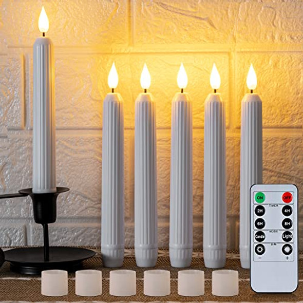 5Plots White Flameless Taper Candles With Remote Timer Roman Column Led Taper Candles Battery Operated Led Candlesticks With 3D Flame Floating Flickering Candles For Halloween Christmas Decor