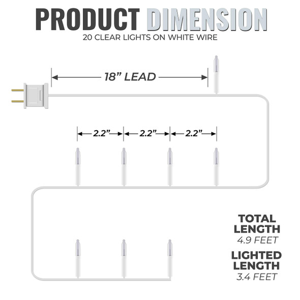 612 Vermont Clear 20 Count Christmas String Lights On White Wire Cord Ul Approved For Indoor Use Only Total Length 4.9 Foot Lighted Length 3.4 Foot