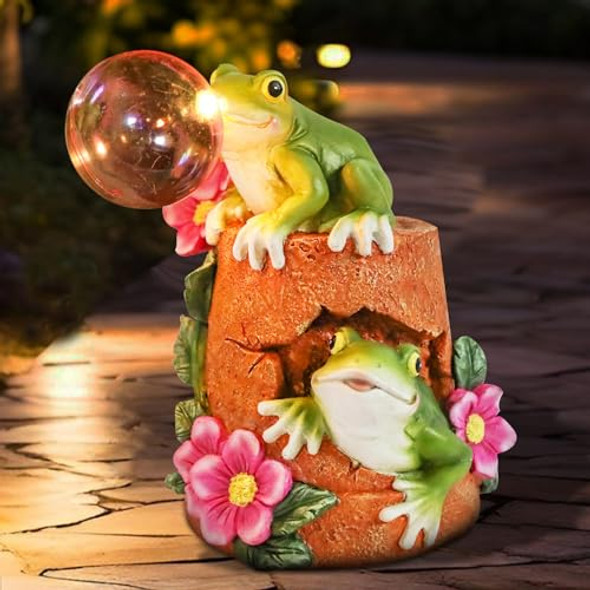 Afirst Solar Garden Outdoor Statues Frog Solar Garden Statue Blowing Bubble With Flowers Waterproof Resin Figurines Yard Outdoor Decorations For Patio Yard Lawn Ornament S