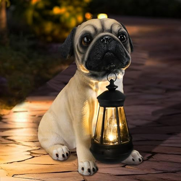 Afirst Solar Dog Garden Statue With Solar Lantern Outdoor Garden Pug Statues Figurines Lights Decorations For Patio Balcony Yard Ornament Outdoor Decor
