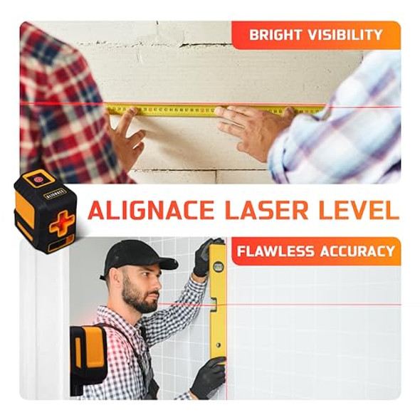 Alignace D Self-Leveling Red Line Laser Level - 360° Laser Alignment Tool For Construction Picture Hanging & Carpentry  Laser Leveler Tool W/Horizontal & Vertical Lines - Case Included