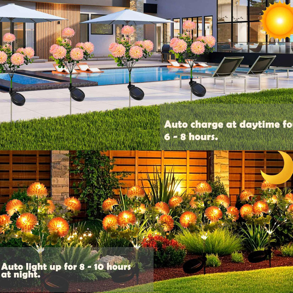 Amars 2 Pack Outdoor Solar Garden Lights Decor Waterproof Solar Powered Flowers Lamp Decorative 14Pcs Artificial Dahlia With Warm White Leds 29.5 Inch Solar Lights For Pathway Fence Yard Patio Lawn Porch