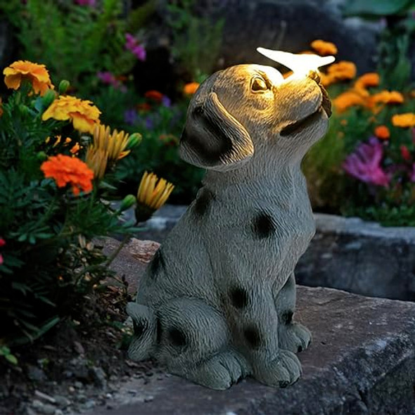 Arefugen Solar Dog Garden Statues With Butterfly Light - Dalmatian Puppy 7.7Inch Resin Outdoor Decorative Lawn Porch Patio Decor For Grandma Dog Lovers Housewarming Birthday