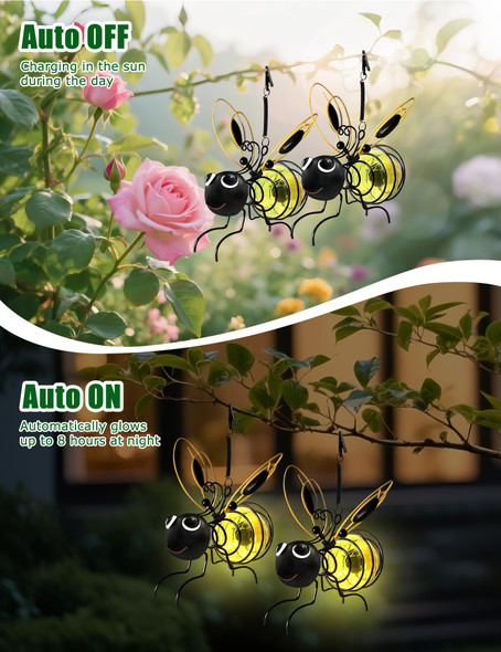 Bomkra Solar Bees Lights Outdoor   Hanging Bee Solar Garden Lightip44 Waterproofoutdoor Statues Figurine Lights Decorations For Balconygardenporchcourtyard Decoration (2Pcs)