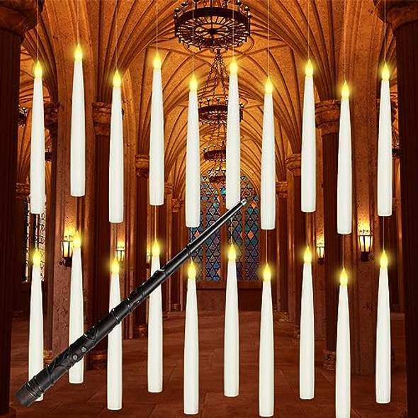 Boribim 20Pcs Floating Candles With Wand Magic Hanging Candles Flickering Warm Light Led Taper Flameless Candles With Wand Remote Battery Operated Window Candle For Halloween Decorations Best