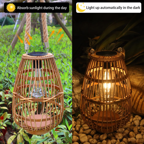 Buaro8Aga Solar Lantern Outdoor Waterproof Large Rattan Lanterns Decorative Bright Boho Lanterns Lights With Handle Rustic Hanging Or Table Lamp For Fence Porch Garden Yard Wedding Decoration