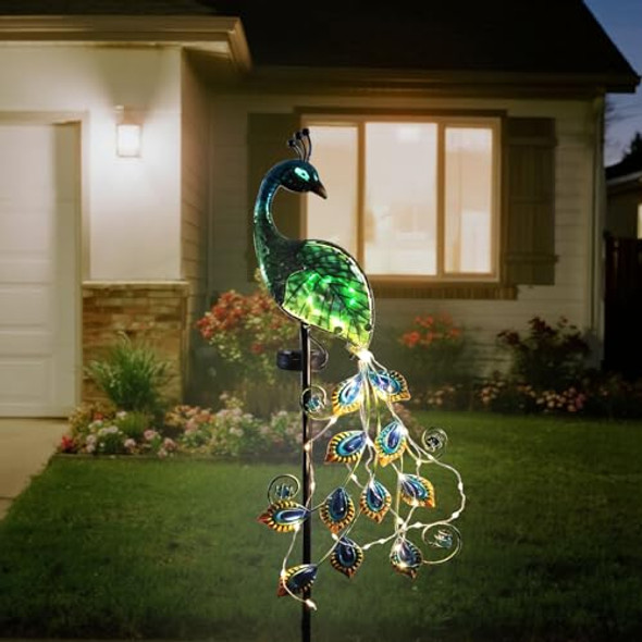 Cbaxeaxm Solar Peacock Garden Stake Lights Outdoor Waterproof Metal Glass Decorative Landscape Path Lights With Thick Stake Glow In The Dark Eye For Pathway Patio Lawn Yard