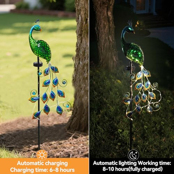 Cbaxeaxm Solar Peacock Garden Stake Lights Outdoor Waterproof Metal Glass Decorative Landscape Path Lights With Thick Stake Glow In The Dark Eye For Pathway Patio Lawn Yard