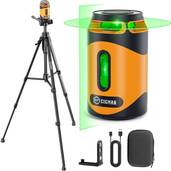 Cigman 360° Laser Level With Tripod Green Self Leveling Cross Line Laser 100Ft Laser Tool With Rechargeable Battery Pulse Mode For Construction And Picture Hanging L-Bracket & Carry Pouch Included