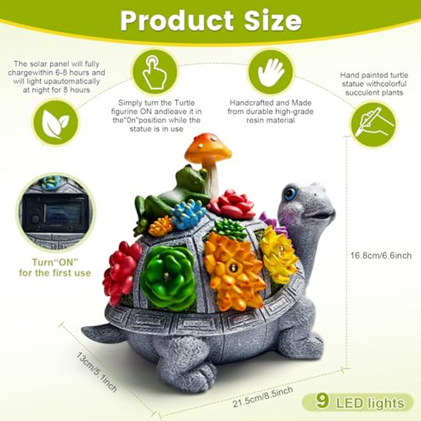 Cnpolook Solar Garden Outdoor Statues Turtle With Succulent And 9 Led Lights - Lawn Decor Tortoise Statue For Patio Balcony Yard Ornament - Unique Housewarming S（8.5 Inch）