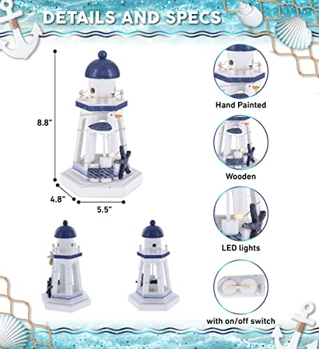 Cota Global Ocean Blue Nautical Wooden Lantern Lighthouse With Led Lights - Table Top Centerpiece Coastal Decor For Home Beach House Rustic Decorative Lamp With Boat Anchor - Handmade Color May Vary