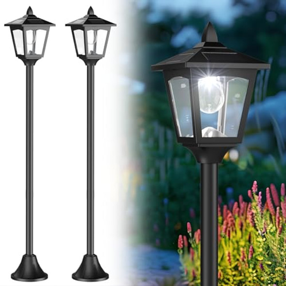 Cozy-Pavilion 2 Pack Solar Lamp Post Light 40 Inch Long Lasting Solar Pole Lights All Night 30 Lm Led 6000K Cool White Light Ip45 Waterproof Glass Outdoor Decorative Lights For Garden Patio Backyard