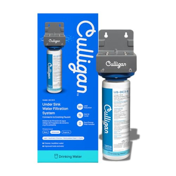 Culligan Us-Dc3 Under Sink Water Filter System Direct Connect Premium Lead Filtration Removes 99% Lead Chlorine Taste & Odor 4750-Gal 12-Month Cartridge 1.5 Gpm