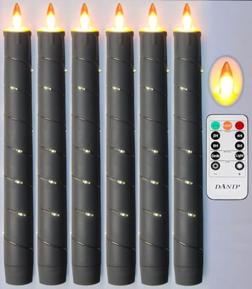Danip Flameless Candle (Conical) Patented Starlight String Led Candle 11-Key Timing Remote Control Battery Powered Dance Flicker Flame 6 Packs Christmas Wedding Home Decor(Dark Gray)