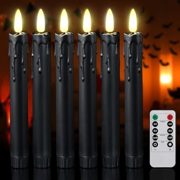 Daord Halloween Flameless Flickering Black Taper Candles 7.4Inch Long Candle Light With 10-Key Remote Tall Candlesticks For Christmas Wedding Party And Home Decor (6Pcs，Black)