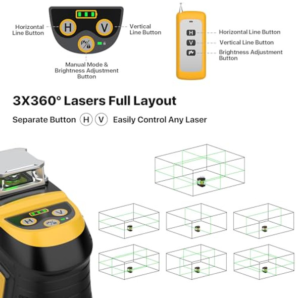 Deglasers Laser Level 360 Self Levelingdeglasers 3X360 Green Cross Line Laser Level For Construction And Picture Hanging With Rechargeable Battery(30Hrs) Remote Control Magnetic Bracket Portable Bag