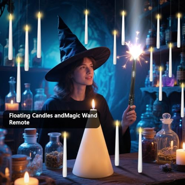 Eebuss Flameless Floating Candles With Magic Wand 12 Pcs Hanging Flickering Led Taper Candles Battery Operated Taper Candle With Remote For Children  Halloween Decor (White)