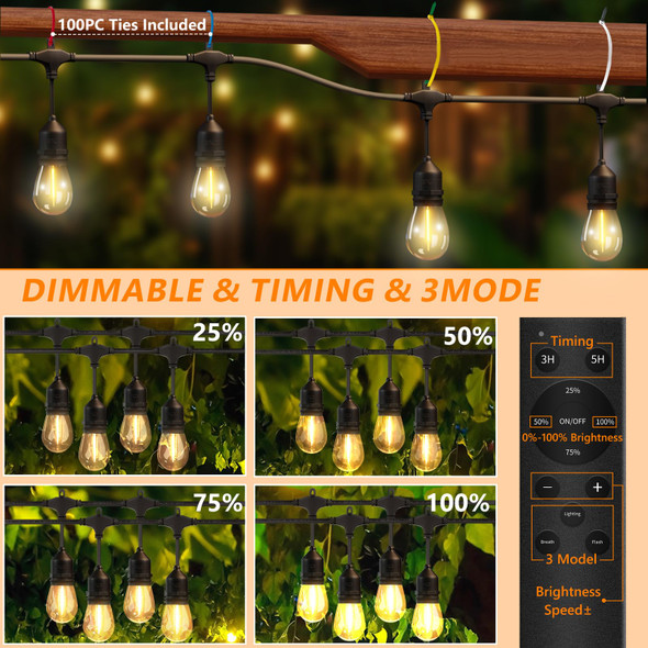 Eikoson 50Ft Outdoor String Lights Waterproof With 30+2 Bulbs (1.5Ft Bulbs Spacing) Remote & Dimmer Commercial Grade Patio Lights With 3 Mode Light & Timing100Pc Ties For Outside