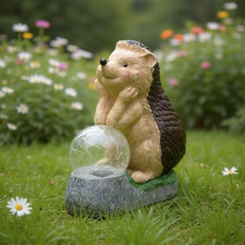 Elenon Hedgehog Statue With Gazing Ball Solar Lights For Garden Decor 9 Inch High Animal Figurines Outdoor Decorative Yard Art Sculptures For Patio Yard Pathway