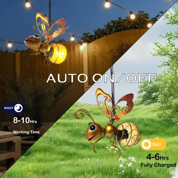 Emingsky 2 Pcs Waterproof Solar Hanging Bee Lights Metal Bumblebee Figurine Led Outdoor Garden Balcony Porch Spring Holiday Party Decoration