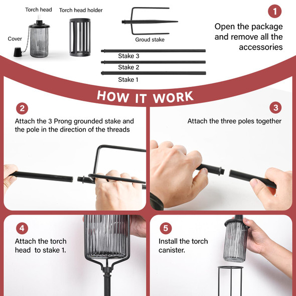 Falbawr 4 Pack Glass Citronella Torches 16 Oz Garden Torches For Outside With 3-Prong Grounded Stake 55 Inch Outdoor Black Glass Flame Light Torch For Yard Patio Deck Garden Party Landscape