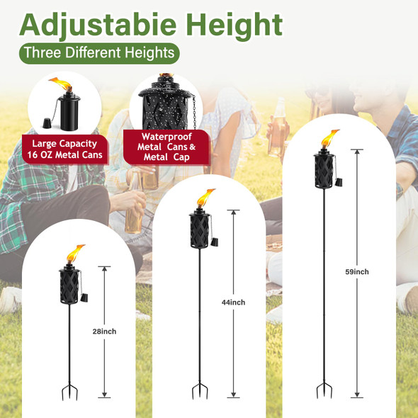 Falbawr Citronella Torches For Outside Set Of 4 16 Oz Outdoor Torches With 3-Prong Grounded Stake 59 Inch Metal Torch For Garden Décor Outside Torches For Backyard Garden Patio (Black