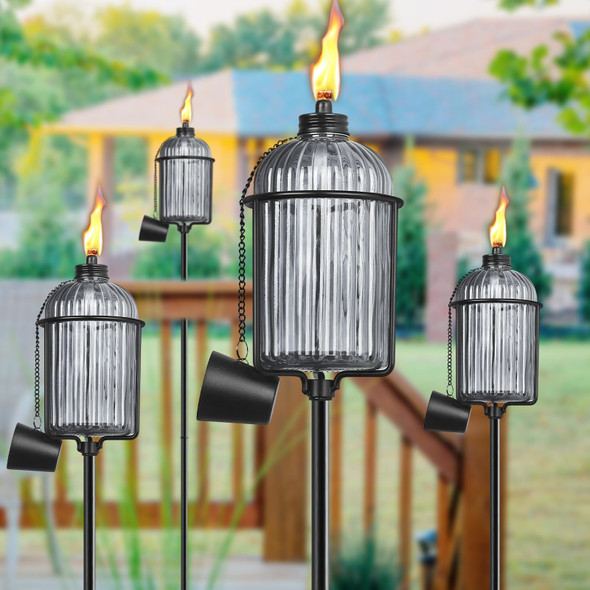 Fan-Torches 4 Pack Gray Glass Garden Torch Colorful Outdoor Torch Garden Décor61-Inch D Citronella Torches With 3-Prong Grounded Stake Metal Light Torches For Party Patio Pathway