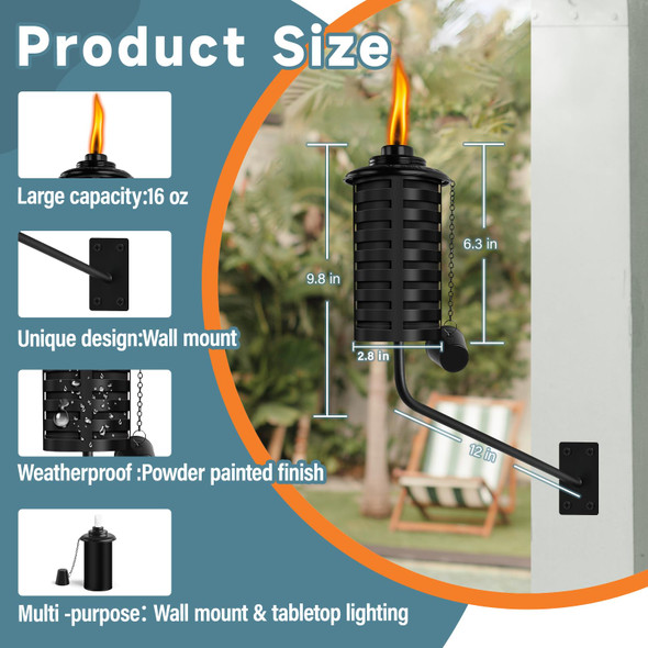 Fan-Torches 6 Pack Black Wall Mounted Citronella Torches16 Oz Outdoor Metal Torchrefillable Garden Torches For Yard Patio Deck Garden Party Landscape