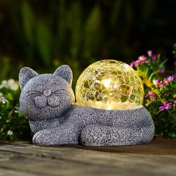 Fashionoda Solar Cat Garden Statue Lights For Outdoor Decor With Cracked Glass Led Figurine Lighting Resin Succulent Cat Decorations Patio Lawn Yard Housewarming Mom S