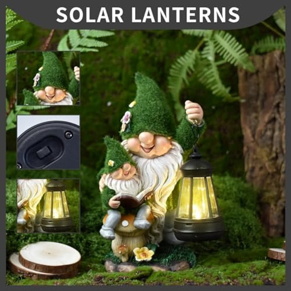 Fbawcj Solar Gnome Garden Outdoor Statue With Led Lanternfunny Flocked Large Gnome Holds Small Gnome Reads Resin Ornament For Patio Yard Lawn Porch Outside Decor S