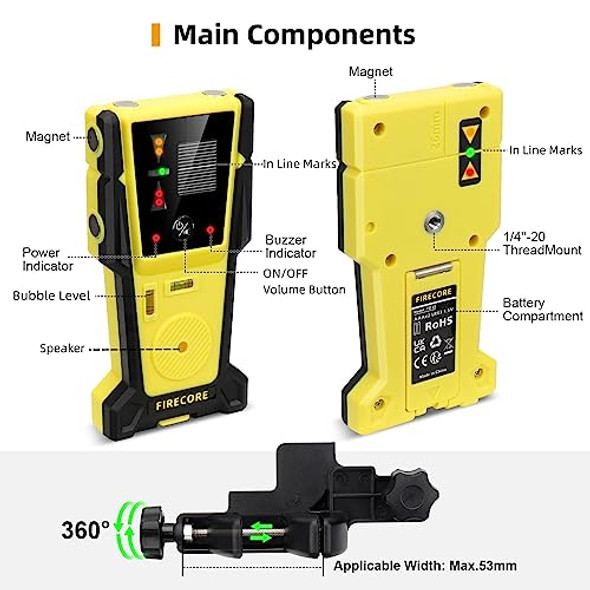 Firecore Laser Receiver For Green Laser Level Two-Sided Lcd Displays To Detect Green Beams Digital Laser Detector Used With Pulsing Line Lasers Up To 197Ft Working Range Rod Clamp Included - Fd30