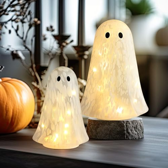 Flutesan 2 Pcs Halloween Confetti Ghost Glass Table Light Set Cute Glass Ghost Light Up For Home Halloween Party Tabletop Kitchen Counter Fireplace Mantle Decoration