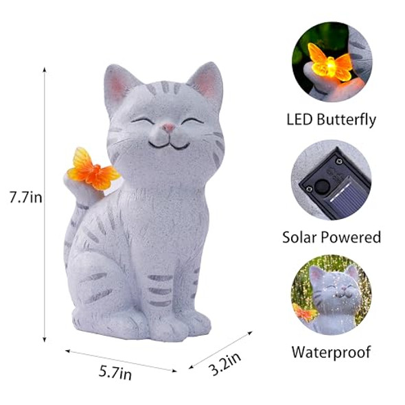 Funyuegy Solar Garden Cat Statue With Led Butterfly Light Decorative Resin Outdoor Figurine 7.7In Yard Lawn Ornaments Porch Patio Balcony Home House - Birthday S For Grandma Mom Women