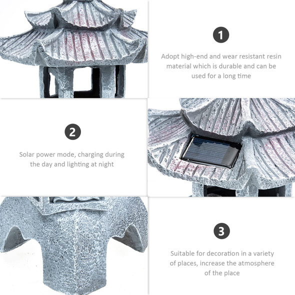 Ganazono Statue Garden Solar Lights Resin Rock Lantern Pagoda Garden Statue For Patio Lawn Pathway Moon Decoration Grey