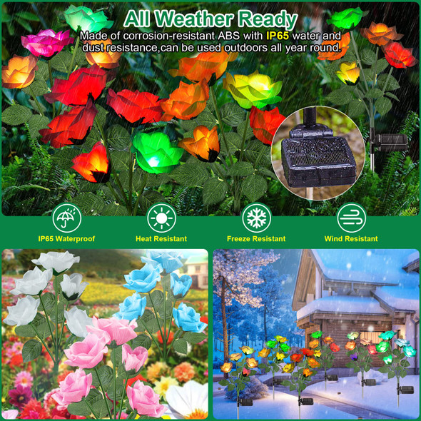Garpar 6Pack Solar Flowers Lights Outdoor Waterproof -  D Brighter Solar Garden Lights With 30 Beautiful & Realistic Rose Flowers - Colorful Solar Outdoor Lights For Yard Garden Decor