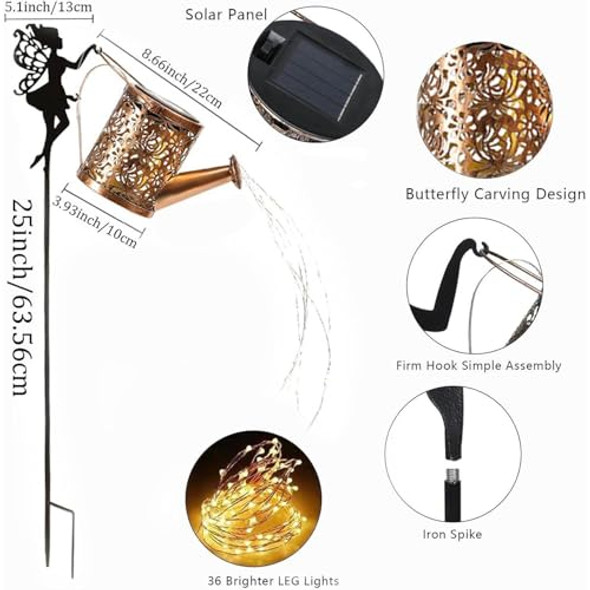 Genyerl Fairy Garden Decor With Solar Watering Can Solar Garden Lights Waterproof Hanging Lanternled Light String Retro Metal Water Pot Light For Garden Patio Yard Pathway Lantern Plant Decoration