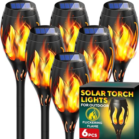 Gerossi Beautiful Solar Lights For Outside 6-Pack - Premium Solar Tiki Torches With Flickering Flame - Waterproof Auto On/Off - Perfect For Your Outdoor Yard Patio Pathway & Garden