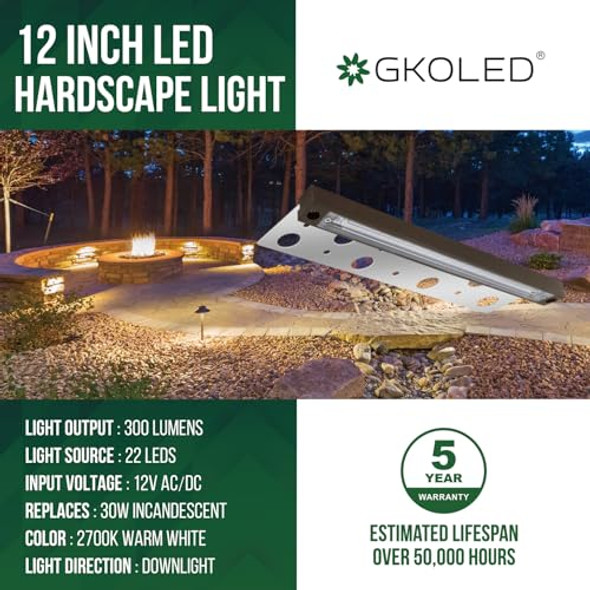 Gkoled 12 Inch Led Hardscape Lighting Low Voltage Paver Wall Step Lights 22Pcs Led Chips For Even Light Distribution 2700K Warm White 12V Ac/Dc (8-Pack)